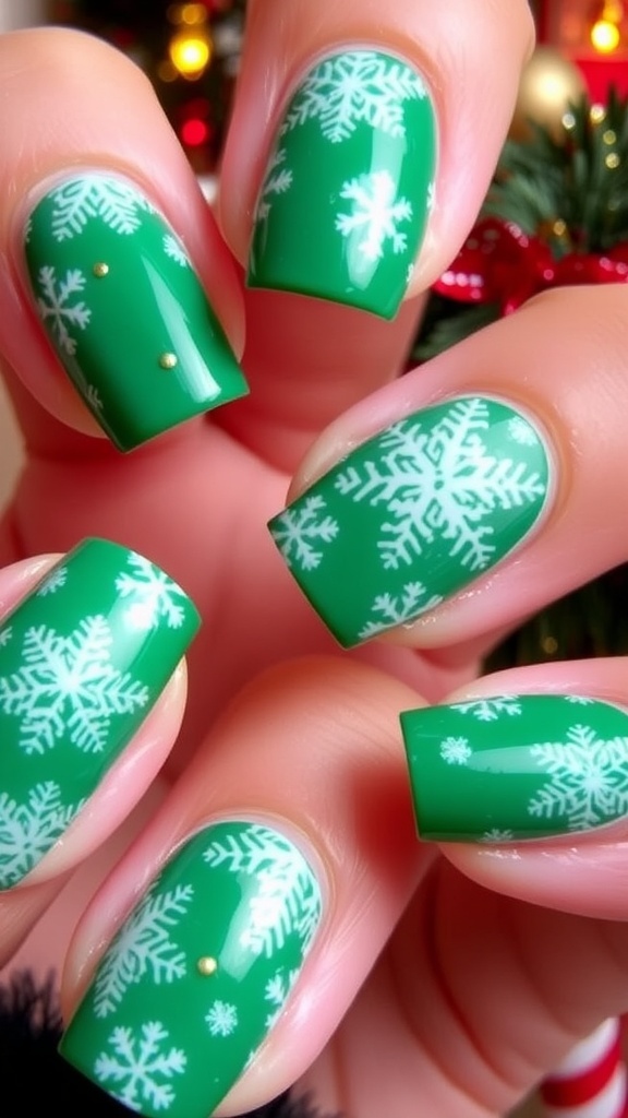 Korean Green Christmas Nail Art Design Close-up of green Christmas nail art with snowflakes and gold accents.